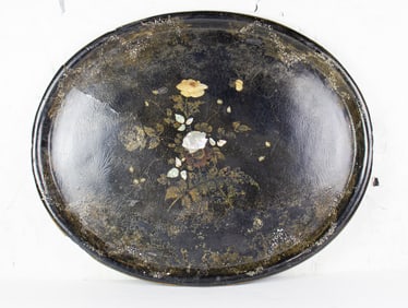 A Victorian shell inlaid painted papier mache oval tray