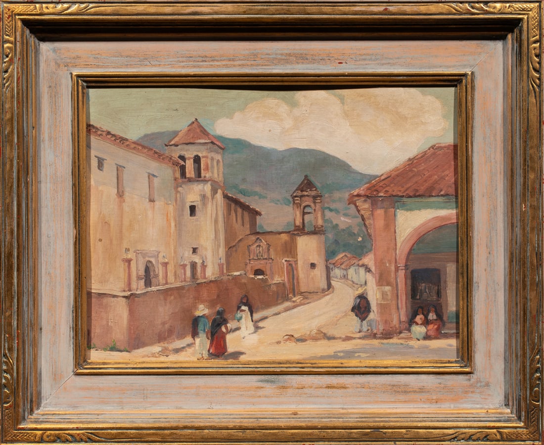 Painting, Esther Eddy Hasting: Esther Eddy Hasting (American, 1876-1953), Street Scene, oil on canvas board, unsigned, overall (with frame): 18.5"h x 22.5"w