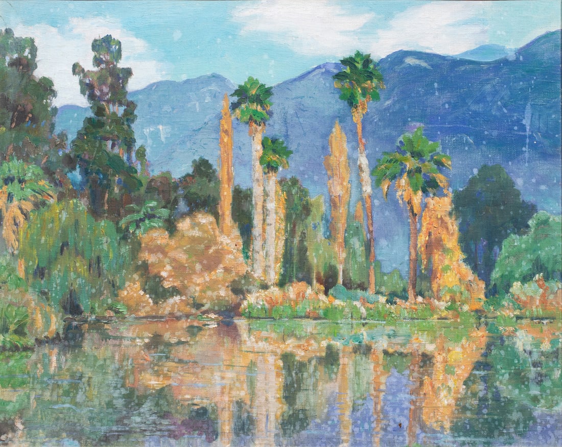 Painting, Esther Eddy Hasting: Esther Eddy Hasting (American, 1876-1953), "Altadena with Mt. Wilson in Background," oil on canvas board, unsigned, titled on label verso, board: 15.5"h x 20"w, overall (with frame): 18.5"h x 22.5"w