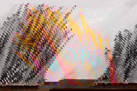 Sculpture, Nance O'Banion: Nance O'Banion (American, 1949-2018), "Hot Tips," 1985, paper, bamboo, rattan, wire, and acrylic paint sculpture, signed near bottom side, overall: 33"h x 48"w x 6"d. Provenance: The Allrich Gallery (