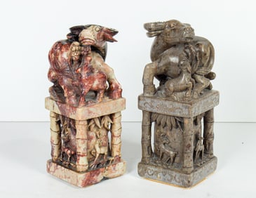 (lot of 2) Chinese soapstone carved buffalos