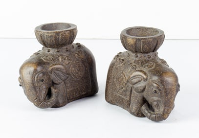 (lot of 2) Asian clay elephant candle holders
