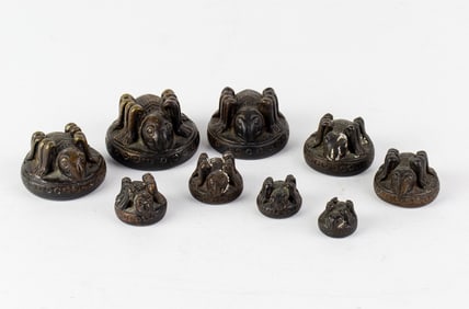 (lot of 9) Burmese bronze spider opium weight