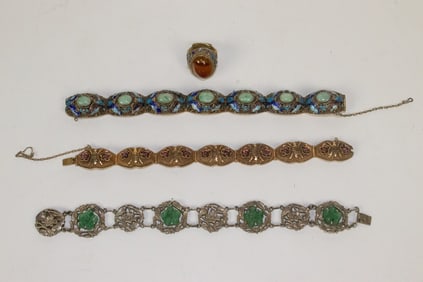 (lot of 4) Chinese gemstone inlaid and enameled silver jewelry items