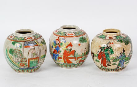 (lot of 3) Chinese famille verte crackled ground jars