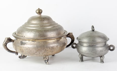 (lot of 2) Chinese pewter covered tripod vessels