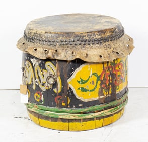 A Chinese painted wood drum