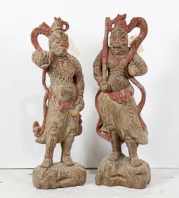 A pair of Japanese polychrome painted wood Nio guardian sculptures