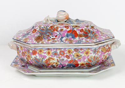 A Chinese export style famille rose tureen and under tray