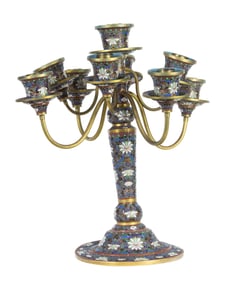 A Chinese champleve enamel candelabra with stand