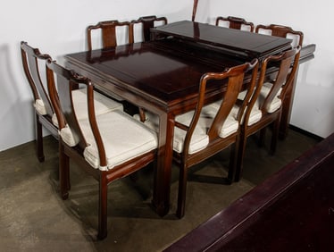 Set of Chinese hardwood dining table and chairs. Comprising one table and eight chairs