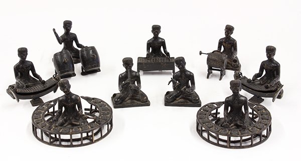 Seventeen Cambodian Bronze Figures: (lot of 17) Cambodian bronze figures with traditional music instruments, including roneath (xylophone), and khong (percussion instrument surrounding the player) along with nine musicians, largest: 4"l