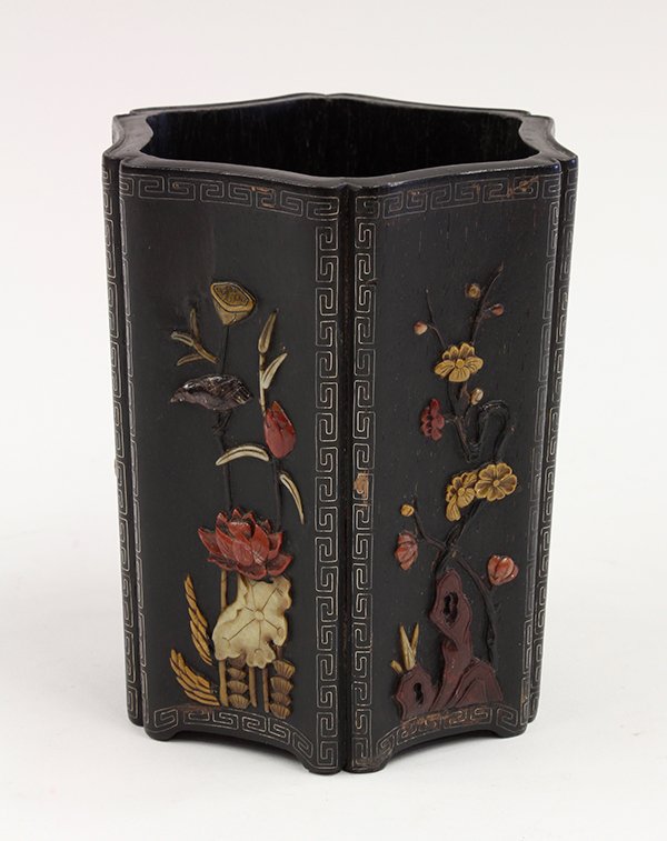 Chinese Overlaid Wooden Brush Pot: Chinese wooden brush pot with soapstone overlay and wire inlay, of hexagonal form with the sides each featuring a flower of the four seasons executed in colored stone overlay within a silver wire inla