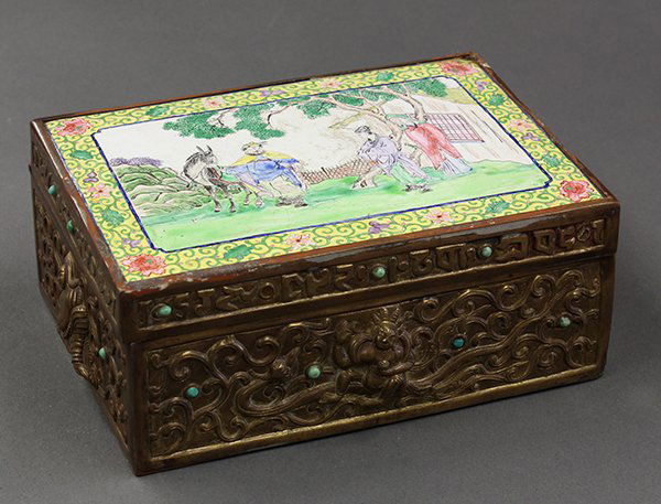 Sino-Tibetan Repousse Box with Enameled Panel: Sino-Tibetan repousse box with enameled plaque, the lid set with a polychrome plaque enameled with characters from 'Feng chen san xia' gathered in front of a villa and framed with a yellow floral band