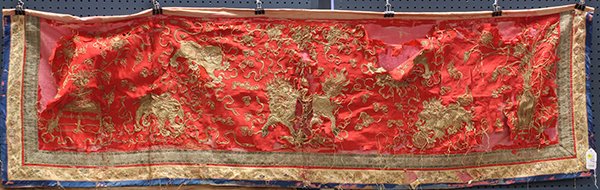 Two Chinese Silk Altar Frontist Hangings: (lot of 2) Chinese embroidered silk altar frontist pieces, late Qing/early Republic period, the first with gilt-wrapped thread couched fu-lions and qilin accented with cloud scrolls and floral bouquet