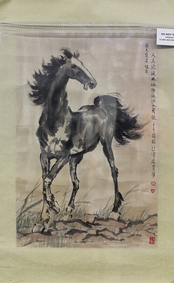 Chinese Painting, Xu Beihong (after), Horse: After Xu Beihong (Chinese, 1895-1953), Horse, ink and color on paper, the right with a colophon, bearing signature and three seals, 36"h x 21.75"w