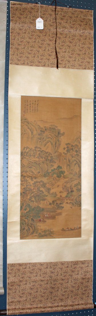 Chinese scroll, Wang Yuanqi (after), Figure in Landscap: After Wang Yuanqi (Chinese, 1642-1715), Figures in Landscape, ink and color on silk, the upper left with a poetic colophon, bearing signature and two seals, 32.25"h x 14.125"w; overall (hanging scroll
