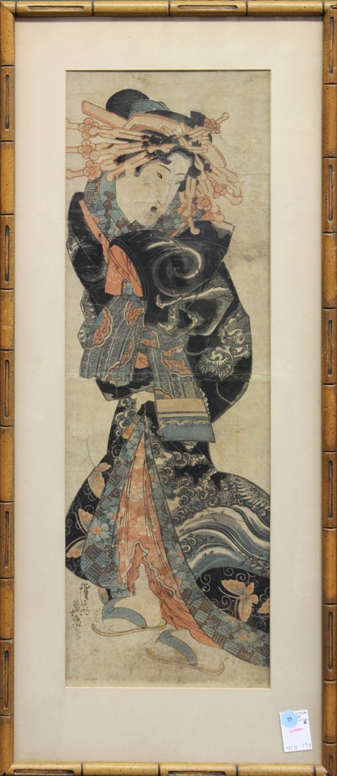 Japanese Woodblock Print, Keisai Eisen, Courtesan: Keisai Eisen (Japanese, 1790-1848), Courtesan, woodblock print, (some damage) sight: 28"h x 9.25"w, overall (with frame):35"h x 15.5"w
