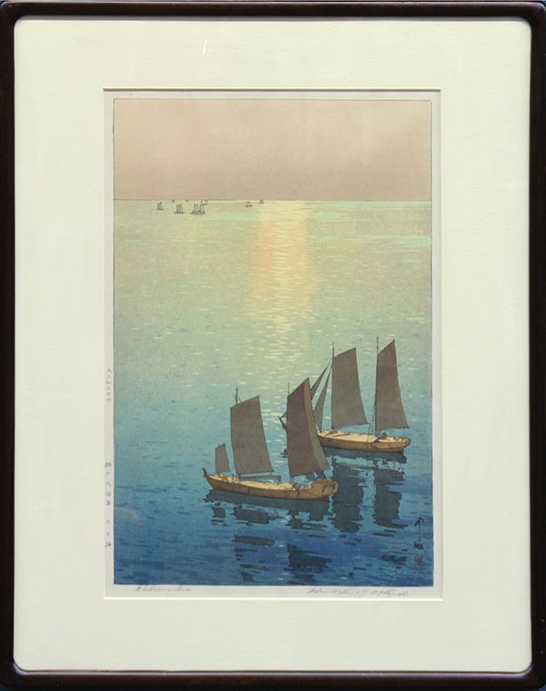 Japanese Woodblock Prints: (lot of 2) Yoshida Hiroshi (Japanese, 1876-1950), 'Chikugo River' and 'Glittering Sea,' woodblock prints, lower right with artist seals, lower margin with title, signature, left margin with Japanese t