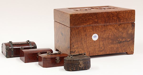 Southeast Asian associated burl wood boxes: (lot of 5) Thai associated burl wood boxes, one having a fitted cover decorated with a reserve of two boars, three trinket boxes with hinged tops and open interiors; together with a fine woven example