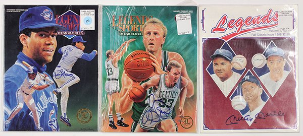 Legends Sports Memorabilia autographed magazines: (lot of 3) Legends Sports Memorabilia autographed magazines including Mickey Mantle, Larry Bird, and Roberto Alomar, each with COA