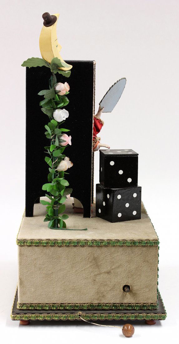 Contemporary German musical automaton: German musical automaton, "Magic Decapitation" by Zdenka Automata, hand-crafted and comprised of antique doll parts, costume components, and Swiss Reuge music box motor, depicts the magician making hi