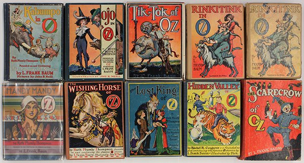 Collection of Oz books: (lot of 10) Collection of Oz books in cloth, early reprints of uncommon titles, including a first edition of "Kabumpo in Oz" by L. Frank Baum with color plates