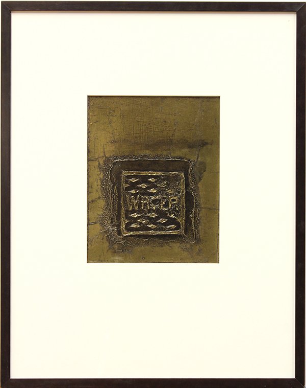 Foil collage, Jose Antonio Fernandez-Muro: Framed foil collage, "Water," by Jose Antonio Fernandez-Muro (Argentinian, b. 1920), bears Galeria Bonino, New York label verso, image: 12.5"h x 10"w, overall: 29"h x 23"w