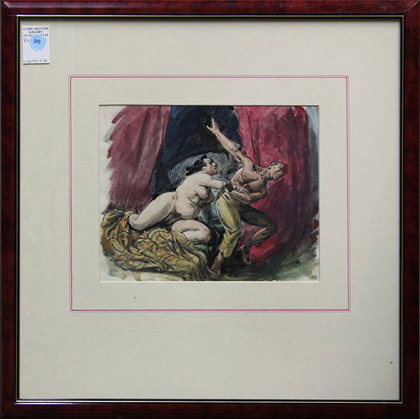 Watercolor possibly by Kees Van Dongen: Framed watercolor, Bedtime Battle, possibly by Kees Van Dongen (Dutch, 1877-1968), bears signature lower left, inscribed "Paris '19" lower left, overall: 19.5"h x 19.5"w