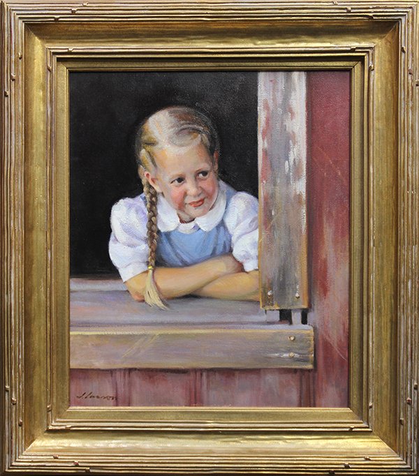 Painting, Glance by Jeffrey Larson: Framed oil on canvas, "Glance," by Jeffrey Larson (American, b.1962), signed lower left, overall: 33.5"h x 29.5"w