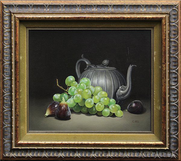 Charles S. Bell, Silver Teapot, Grapes, and Figs, oil o: Framed oil on board, Silver Teapot, Grapes, and Figs, c. 1965, by Charles S. Bell (American, 1935-1995), signed ''C. Bell'' lower left, illustrated in ''Charles Bell, The Complete Works'' by Geldzahle