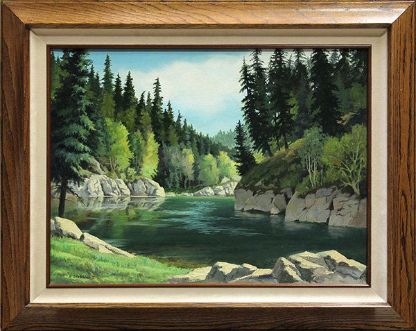 Painting, Roland Stebbins, Shuswap River: Framed oil on canvas, "Shuswap River (British Columbia, Canada)," American School (20th century), signed "R. Stebbins" lower left, overall: 25"h x 31"w