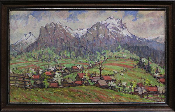 Painting, Purple Mountain Village, signed Kamenicky: Framed oil on canvas, Purple Mountain Village, 1976, American School (20th century), signed "Kammicky" lower left and dated, overall: 23.5"h x 35.5"w