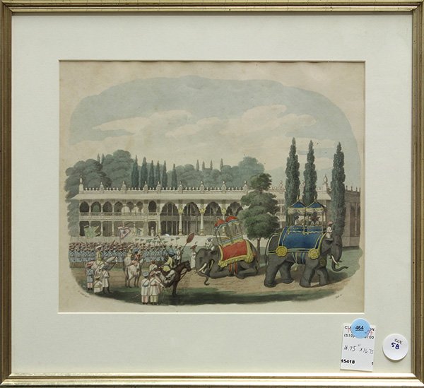 Framed hand-colored engraving, Indian Procession with E: Framed hand-colored engraving, Indian Procession with Elephants, Continental School (19th/20th century), overall: 15.25"h x 16.75"w