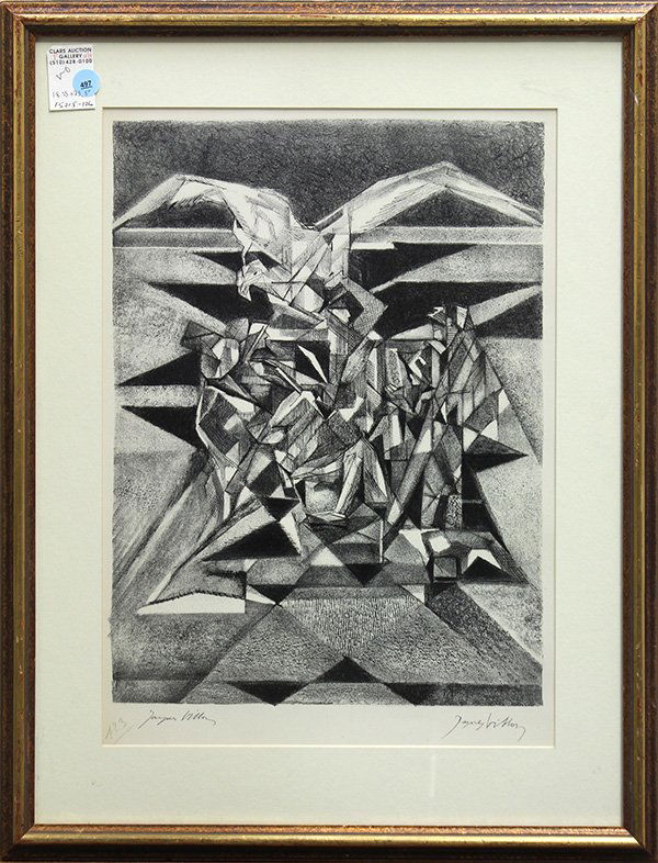 Lithograph, Jacques Villon, Figures and Eagle: Framed lithograph, Figures with Soaring Eagle, by Jacques Villon (French, 1875-1963), signed in pen lower left, pencil numbered 123 lower left, overall: 23.5"h x 18.25"w