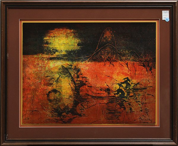 Lithograph, Hoi Lebadang, Fishermen: Framed lithograph, Fishermen, by Hoi Lebadang (Vietnamese/French, b. 1922), pencil signed lower right, inscribed artist proof lower left, overall: 33.5"h x 28"w