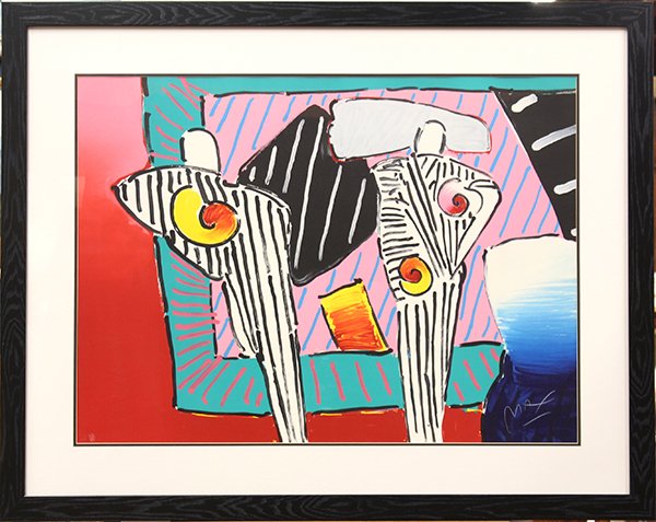 Lithograph, Peter Max, Dega Man: Framed lithograph, "Time Line Dega Man", 1990, by Peter Max (American, b. 1937), signed lower right pencil, numbered edition of 150 lower left, sight: 26.5"h x 35.5"w, overall: 36.25"h x 45.25"w. Note