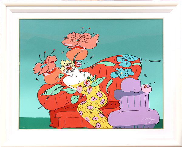 Lithograph, Peter Max, Flower Lady: Framed lithograph, "Flower Lady," 1989, by Peter Max (Californian, b. 1937), signed lower right, pencil numbered edition of 150 lower left, sight: 29.5"h x 39.5"w, overall: 39"h x 50.25"w. Note: Accom