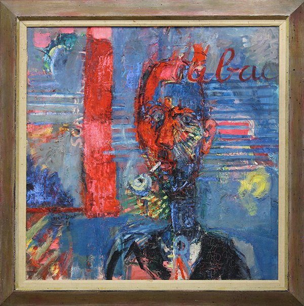 Painting, Blue Smoker by Simone Dat, 1958: Framed oil on canvas, "Blue Smoker," 1958, Simone Dat (American, 20th century), signed and dated lower left, gallery title label (Reichenbach Gallery, Houston, TX) affixed verso, overall: 44"h x 43.5"