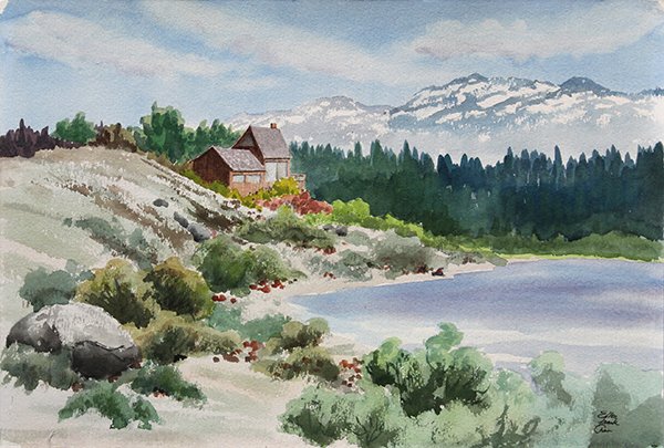 watercolor, Ellen Frank Chan, House on Lake Tahoe: Unframed watercolor, House on Lake Tahoe, by Ellen Frank Chan (Californian, 20th Century), signed lower right, overall: 15"h x 22"w