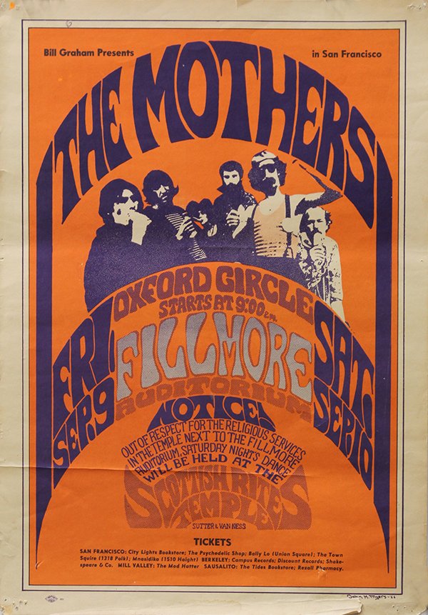 Vintage rock poster, "The Mothers," Bill Graham, Fillmo: Unframed first printing vintage rock poster, "The Mothers," Bill Graham presents at the Fillmore, 1966 (King BG-27-OP-1), artwork by John Myers, paper: 20"h x 14"w