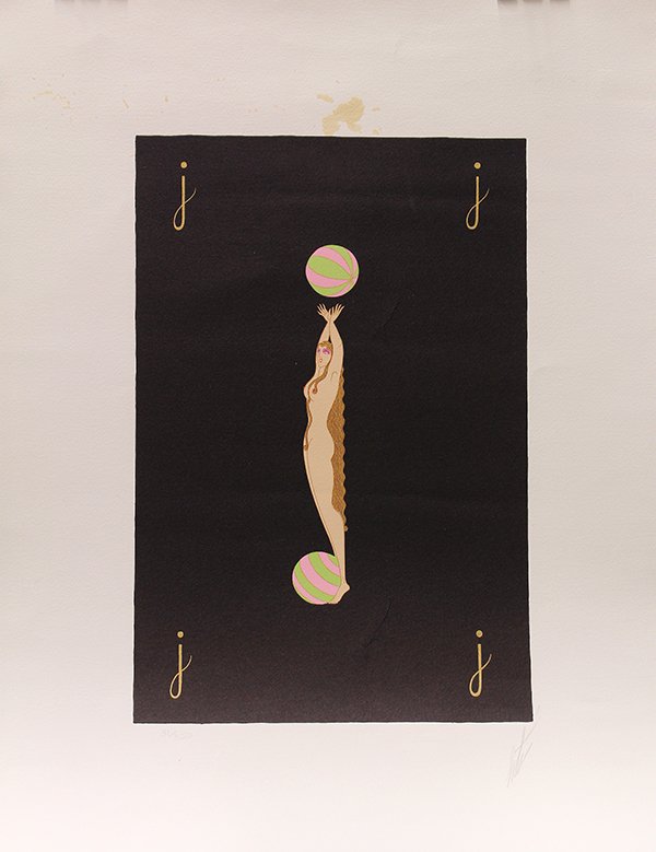 Serigraph, Erte, Alphabet, J: Unframed serigraph, "J," from the Alphabet Suite, by Romain de Tirtoff Erte (Russian, 1892-1990), pencil signed and numbered from an edition of 350 within lower margin, overall: 25.5"h x 18.5"w