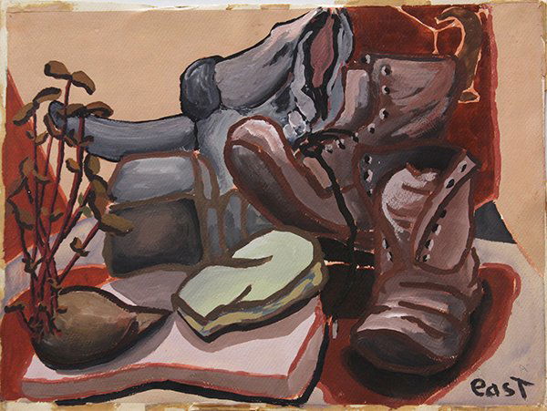 Paintings, Mid-Century, Harbor, Still Life: (Lot of 3) Unframed American 20th century artworks including: an oil on paper, Still Life with Boots, signed "East;" an oil on canvas, Geometric Harbor; and a mixed media oil on paper, Violinist, sign