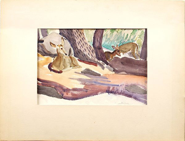 Watercolors, Helen Forbes, California Coast: (Lot of 2) Unframed watercolors, California Coast and Family of Deer (doublesided with Half-Dome image verso), by Helen Forbes (Californian, 1891-1945), each pencil signed lower right, one bears San F