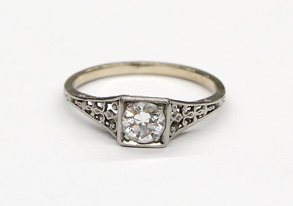 Lady's Old European cut diamond solitaire ring in plati: A lady's diamond solitaire ring featuring an Old European cut diamond, weighing approximately 0.51 carat; mounted in platinum; size: 7.25 Exhibiting: I color, SI1 clarity