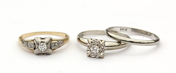 (Lot of 3) Two Keepsake engagement rings and one weddin: (Lot of 3) Two Keepsake engagement rings and one wedding band mounted in fourteen karat white and yellow gold, one having a 0.10 carat full cut round diamond,size 7.25; one having a total diamond weig