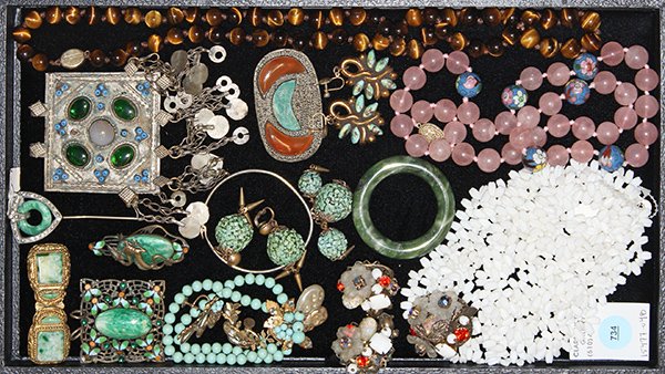 Collection of fashion jewelry: Collection of fashion and tribal style jewelry items including necklaces, bracelets, earclips, brooches, pendants, etc. Some with beads, glass, rhinestone, hardstone, tiger's eye, enamel etc.