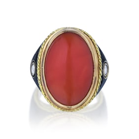 Coral, Diamond and Enamel Ring