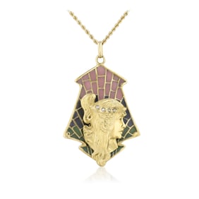 Art Nouveau Enamel and 18K Yellow Gold Lady's Profile Pendant Necklace With Box