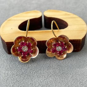Retro Ruby and 14K Rose Gold Earrings